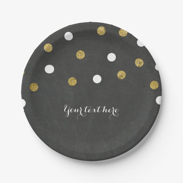 Chalkboard Gold & White Confetti Celebration Party Paper Plate (Front)