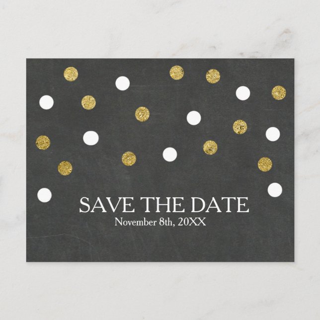 Chalkboard Gold & White Confetti Save the Date Announcement Postcard (Front)