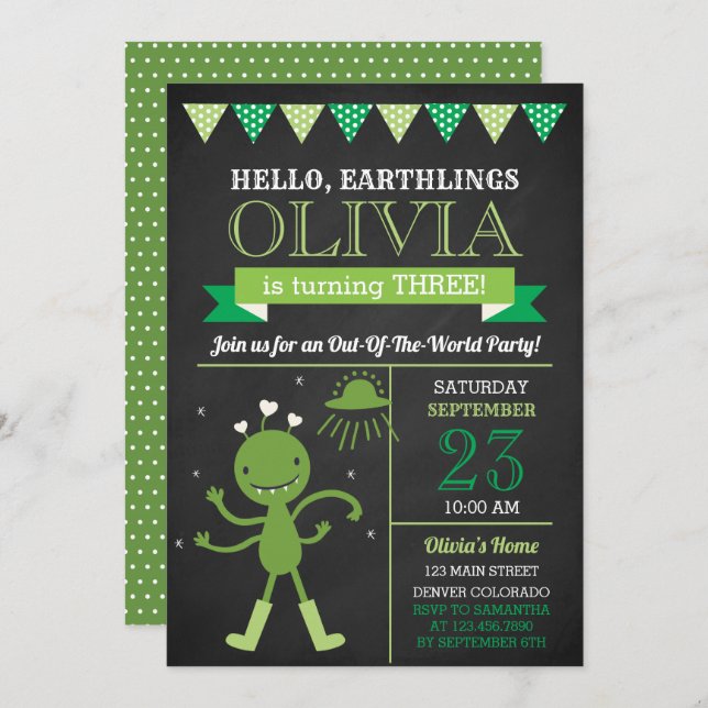 Chalkboard Green Alien Birthday Party Innvitation Invitation (Front/Back)