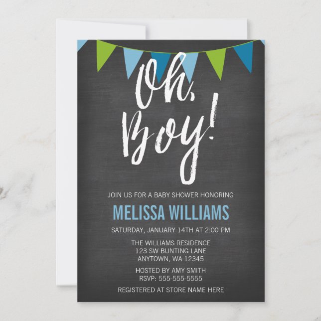Chalkboard Green Blue Bunting Boy Baby Shower Invitation (Front)