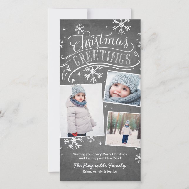 Chalkboard Greetings 3-Photo Snowflake Holiday Card (Front)