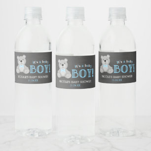 Chalkboard Grey Teddy Bear Boy Baby Shower Water Bottle Label