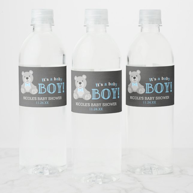 Chalkboard Grey Teddy Bear Boy Baby Shower Water Bottle Label (Bottles)