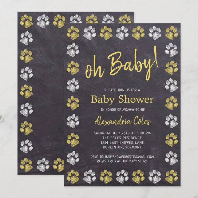 Chalkboard Grey Yellow Paw Print Baby Shower Invitation (Front/Back)