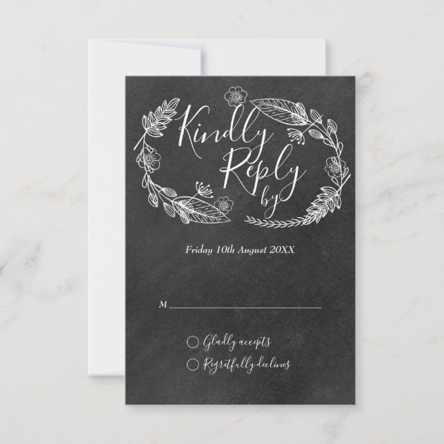 Chalkboard  Hand-drawn Floral Garland Script RSVP Card (Front)