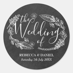 Chalkboard  Hand-drawn Floral Garland Wedding Classic Round Sticker