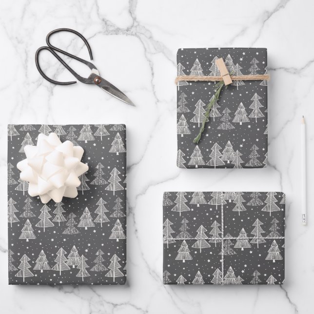 Chalkboard Handdrawn Christmas Trees Snowing Wrapping Paper Sheet (Front)