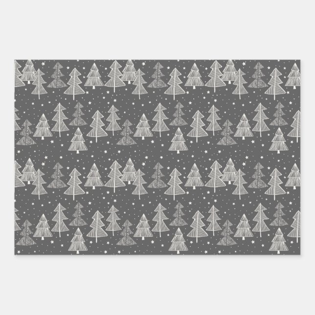 Chalkboard Handdrawn Christmas Trees Snowing Wrapping Paper Sheet (Front)