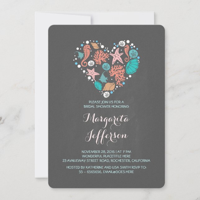 Chalkboard heart beach bridal shower invite (Front)