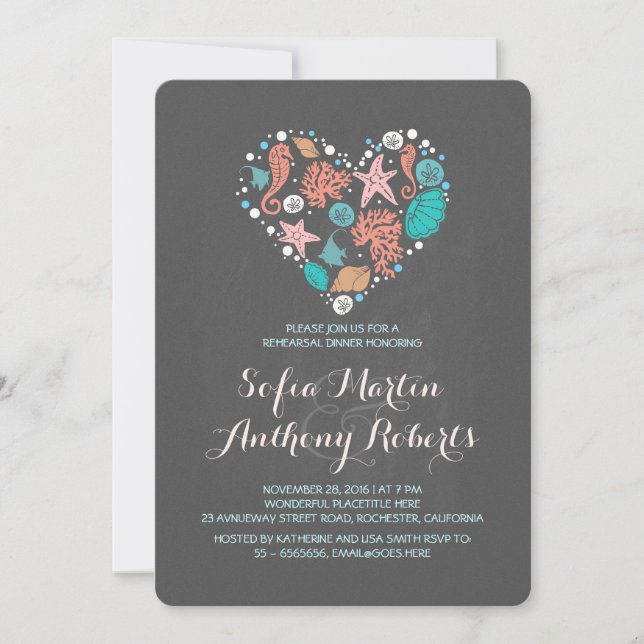 Chalkboard Heart Beach Rehearsal Dinner Invitation (Front)