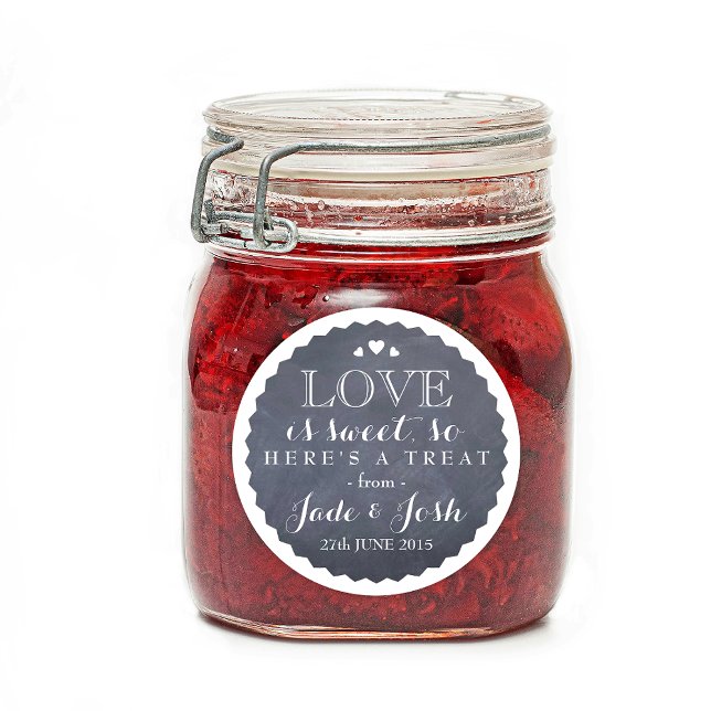 Chalkboard Hearts Wedding Favour Jar Round Sticker (Rustic and charming round circle wedding favor love is sweet sticker chalkboard style)