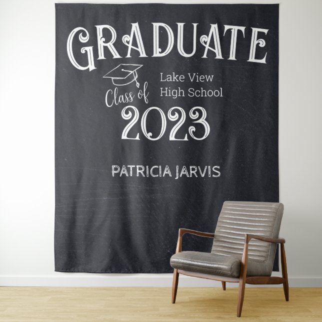 Chalkboard High School Photo Graduation Backdrop Tapestry (In Situ)