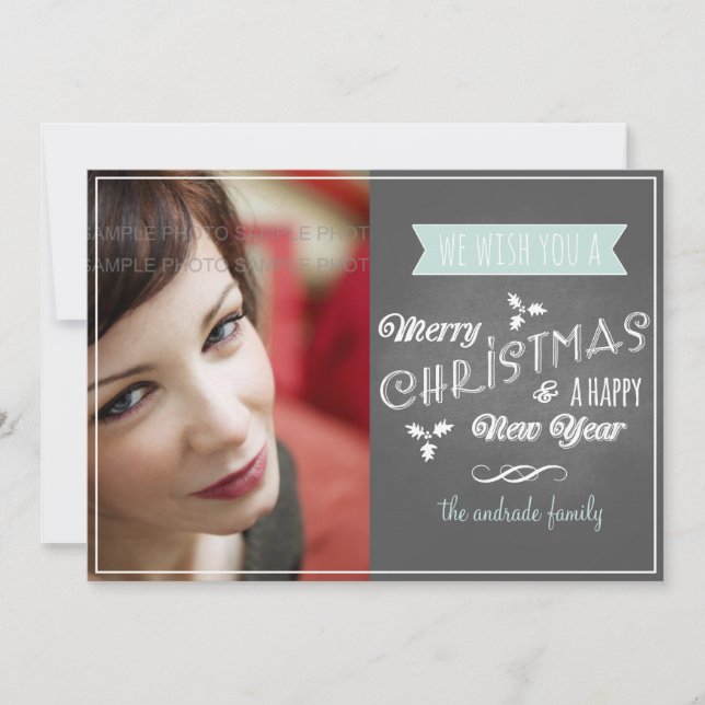 Chalkboard Holiday Flat Card Blue Christmas Scroll (Front)