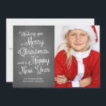 Chalkboard Holiday Photo Christmas Wishes Coral Card<br><div class="desc">Chalkboard holiday cards featuring the words "wishing you a merry christmas and a happy new year", in white, cute and curly calligraphy like typeface, and one photo template of smiling girl dressed like santa claus. The back of these chalkboard Christmas cards feature a festive nautical design, with a coral and...</div>