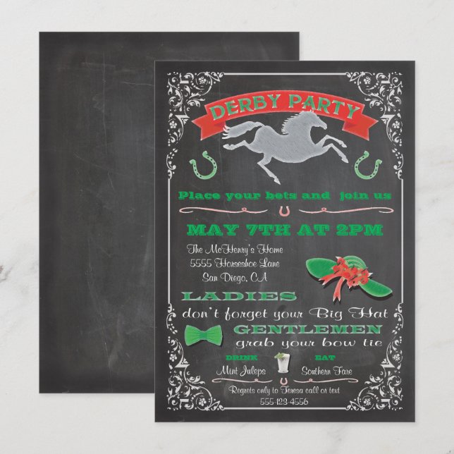 Chalkboard Horse Racing Derby Party Invitation (Devant / Derrière)