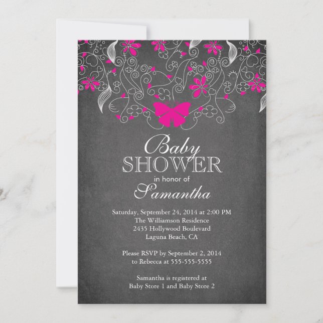 Chalkboard Hot Pink Butterfly Girl Baby Shower Invitation (Front)