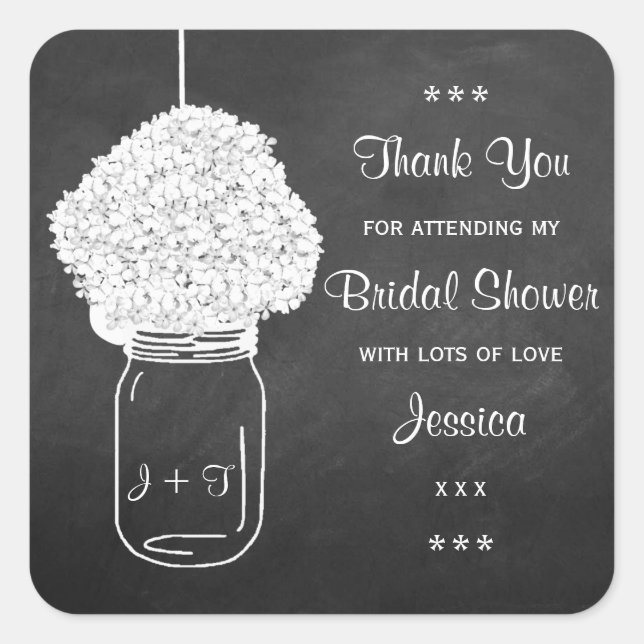 Chalkboard Hydrangea Mason Jar Bridal Shower Square Sticker (Front)