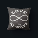Chalkboard Infinity Love Wedding Date and Names Throw Pillow<br><div class="desc">Celebrate the infinite love between your favourite bride and groom with this customizable pillow! A white chalk infinity symbol and “Love Always” text surrounds a couple's names and wedding date on a black chalkboard background. Makes a beautiful,  modern,  personalized gift.</div>