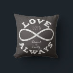 Chalkboard Infinity Love Wedding Date and Names Throw Pillow<br><div class="desc">Celebrate the infinite love between your favourite bride and groom with this customizable pillow! A white chalk infinity symbol and “Love Always” text surrounds a couple's names and wedding date on a black chalkboard background. Makes a beautiful,  modern,  personalized gift.</div>