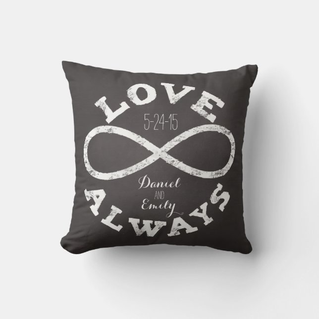 Chalkboard Infinity Love Wedding Date and Names Throw Pillow (Front)
