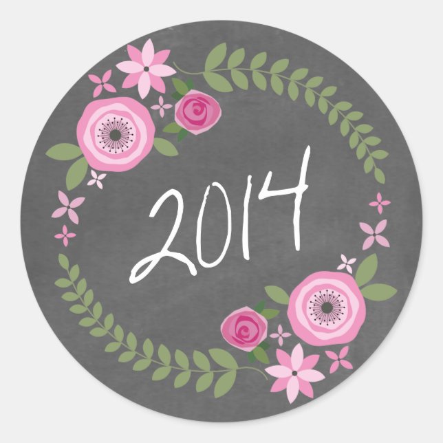 Chalkboard Inspired Pink Floral Wreath 2014 Grad Classic Round Sticker (Front)