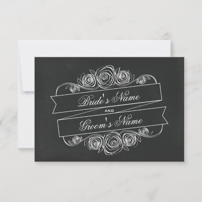 Chalkboard Inspired Rose Banner Wedding RSVP Card (Front)