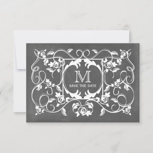 Chalkboard Inspired Roses Monogram Save The Date (Front)