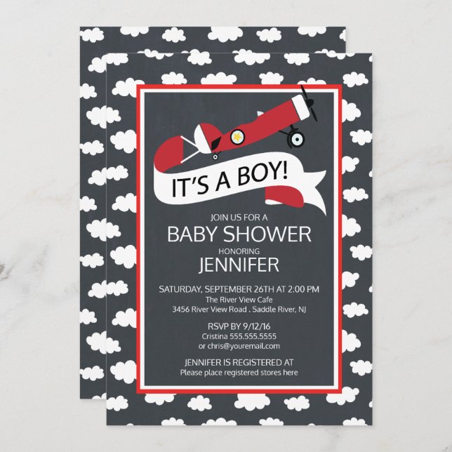 Chalkboard It's a Boy! Airplane Boys Baby Shower Invitation (Front/Back)