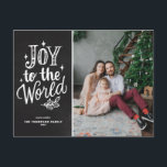 Chalkboard Joy To The World Christmas Carol Photo Holiday Postcard<br><div class="desc">Joy to the world,  the Lord is come! Customizable religious Christmas postcard featuring hand lettering,  sparkles and foliage with a faux chalkboard background. Personalize by adding names,  photos,  addresses and messages. Send Christmas wishes and greetings to family and friends with this rustic chalkboard Christmas postcard.</div>