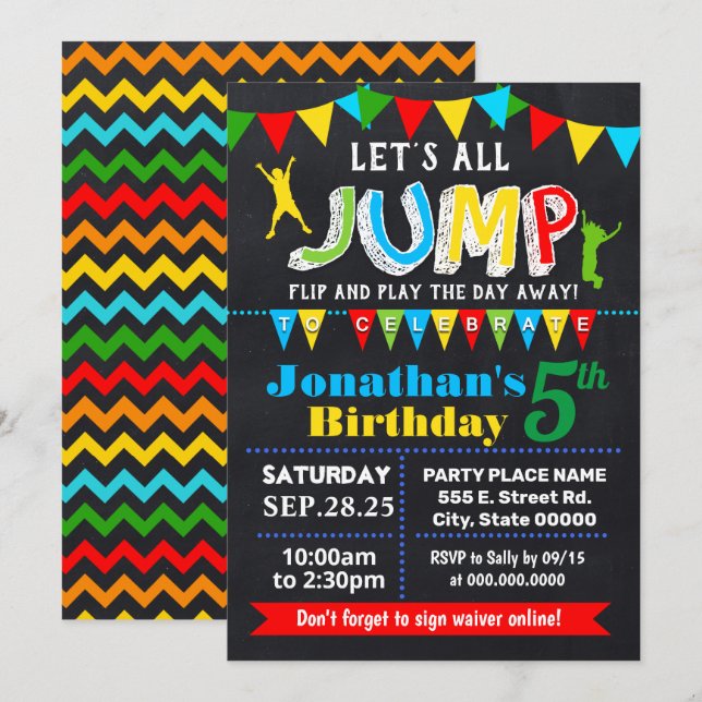 Chalkboard Jump birthday trampoline bounce party Invitation (Front/Back)