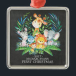 Chalkboard Jungle Baby's First Christmas Ornament<br><div class="desc">Cute safari animals for a baby boys or girls first Christmas. Our cute jungle scene features a giraffe,  monkey,  elephant,  zebra,  hippo & lion. Matching items available in our shop.</div>