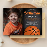 Chalkboard Kids Basketball Birthday Party Photo Invitation<br><div class="desc">Invite your guests with this cool basketball theme birthday party invitation featuring a basketball with modern typography against a chalkboard background. Simply add your event details on this easy-to-use template and adorn this card with your child's favorite photo to make it a one-of-a-kind invitation. Flip the card over to reveal...</div>