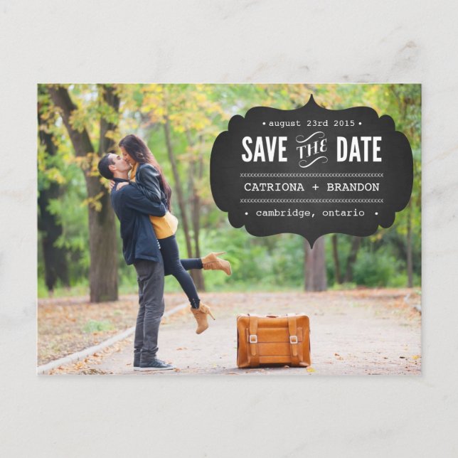 Chalkboard Label Photo Save the Date Postcard (Front)