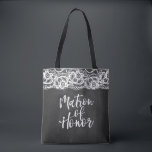 Chalkboard Lace matron of honour Tote Bag<br><div class="desc">Matron of Honour in brush script over black chalkboard and lace background. Personalized name on the back side.</div>