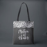 Chalkboard Lace matron of honour Tote Bag<br><div class="desc">Matron of Honour in brush script over black chalkboard and lace background. Personalized name on the back side.</div>