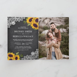 Chalkboard Lace Sunflower Photo QR Code Wedding Invitation