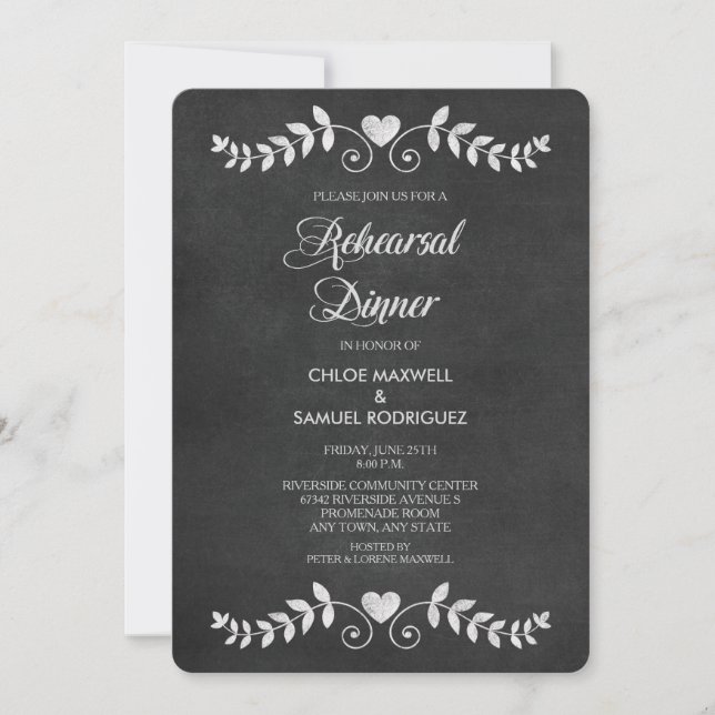 Chalkboard Laurel Leaf Rehearsal Dinner Invitation (Front)