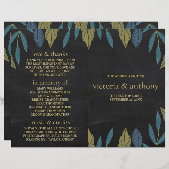 Chalkboard Leaf Wedding Bi-Fold Program (Front/Back)