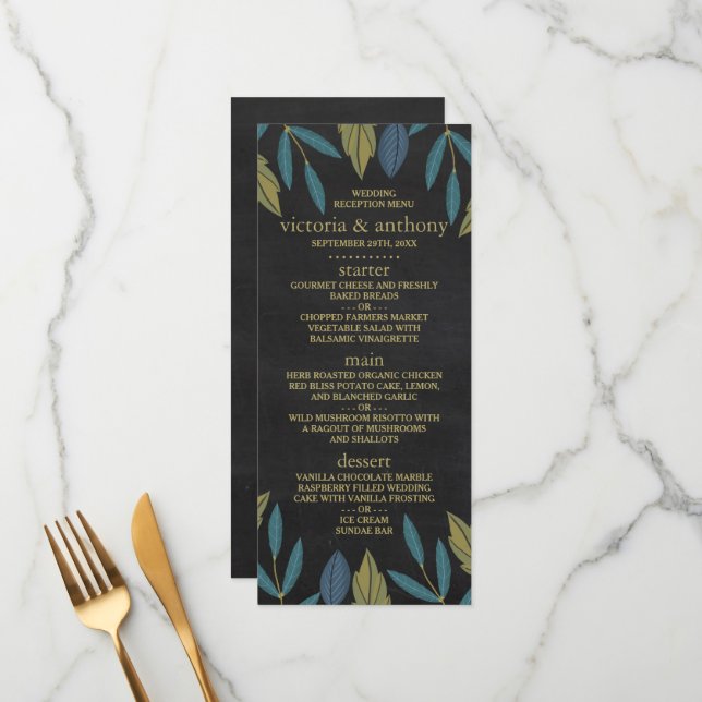 Chalkboard Leaf Wedding Menu (Front/Back In Situ)