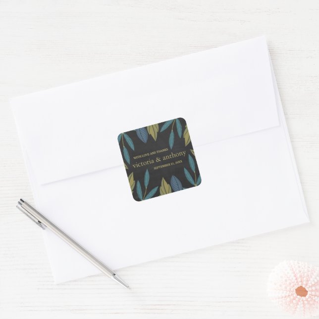 Chalkboard Leaf Wedding Thank You Square Sticker (Envelope)