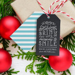 Chalkboard Lettering Blue Stripes Holiday Gift Tags<br><div class="desc">Custom printed personalized holiday gift tags. This fun design features cute hand-lettered style typography on a faux chalkboard background with aqua striped back. The text reads "Hope the holidays bring you lots of reasons to smile". Personalize it with your name or other custom text. Use the design tools to edit...</div>
