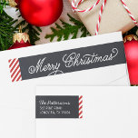 Chalkboard Lettering Christmas Return Address Wrap Around Label<br><div class="desc">Custom wraparound return address labels with a faux chalkboard background and red stripe border. Modern script lettering reads Merry Christmas. Personalize it with your family name and return address. Use the design tools to edit the text fonts and colours and add photos to create unique one of a kind holiday...</div>
