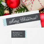 Chalkboard Lettering Christmas Return Address Wrap Around Label<br><div class="desc">Custom wraparound return address labels with a faux chalkboard background and aqua stripe border. Modern script lettering reads Merry Christmas. Personalize it with your family name and return address. Use the design tools to edit the text fonts and colours and add photos to create unique one of a kind holiday...</div>