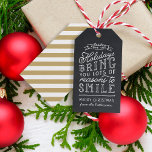 Chalkboard Lettering Gold Stripes Holiday Gift Tags<br><div class="desc">Custom printed personalized holiday gift tags. This fun design features cute hand-lettered style typography on a faux chalkboard background with gold striped back. The text reads "Hope the holidays bring you lots of reasons to smile". Personalize it with your name or other custom text. Use the design tools to edit...</div>