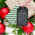 Chalkboard Lettering Green Stripes Holiday Gift Tags<br><div class="desc">Custom printed personalized holiday gift tags. This fun design features cute hand-lettered style typography on a faux chalkboard background with green striped back. The text reads "Hope the holidays bring you lots of reasons to smile". Personalize it with your name or other custom text. Use the design tools to edit...</div>