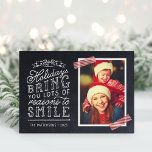 Chalkboard Lettering Holiday Photo Card<br><div class="desc">Affordable custom printed Christmas photo cards with simple templates for customization. This fun design features cute hand-lettered style typography on a faux chalkboard background with red striped washi tape around your photo. The text reads "Hope the holidays bring you lots of reasons to smile". Personalize it with your photos, family...</div>