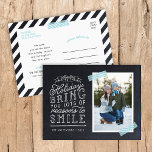 Chalkboard Lettering Holiday Photo Card<br><div class="desc">Affordable custom printed holiday photo postcards with simple templates for customization. This fun design features cute hand-lettered style typography on a faux chalkboard background with aqua striped washi tape around your photo. The text reads "Hope the holidays bring you lots of reasons to smile". Personalize it with your photos, family...</div>