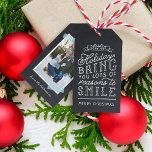 Chalkboard Lettering Holiday Photo Gift Tags<br><div class="desc">Custom printed holiday gift tags personalized with your photos and text. This fun two-sided design features cute hand-lettered style typography on a faux chalkboard background and aqua striped washi tape around your photo. The text reads "Hope the holidays bring you lots of reasons to smile". Personalize it with your photo,...</div>