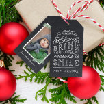 Chalkboard Lettering Holiday Photo Gift Tags<br><div class="desc">Custom printed holiday gift tags personalized with your photos and text. This fun two-sided design features cute hand-lettered style typography on a faux chalkboard background and green striped washi tape around your photo. The text reads "Hope the holidays bring you lots of reasons to smile". Personalize it with your photo,...</div>