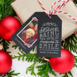 Chalkboard Lettering Holiday Photo Gift Tags<br><div class="desc">Custom printed holiday gift tags personalized with your photos and text. This fun two-sided design features cute hand-lettered style typography on a faux chalkboard background and red striped washi tape around your photo. The text reads "Hope the holidays bring you lots of reasons to smile". Personalize it with your photo,...</div>